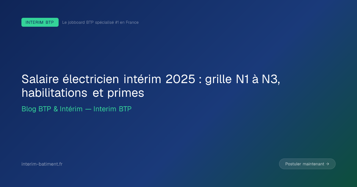 Salaire électricien intérim 2025 : grille N1 à N3, habilitations et primes